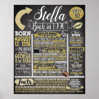 Gold 30th Birthday Party Decor, Born in 1990 Poster