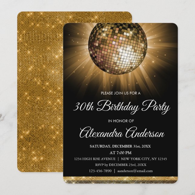 Gold 30th Birthday Party Gold Disco Ball Invitation (Front/Back)