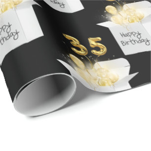 Gold 35th Birthday Balloons in White Box Wrapping Paper