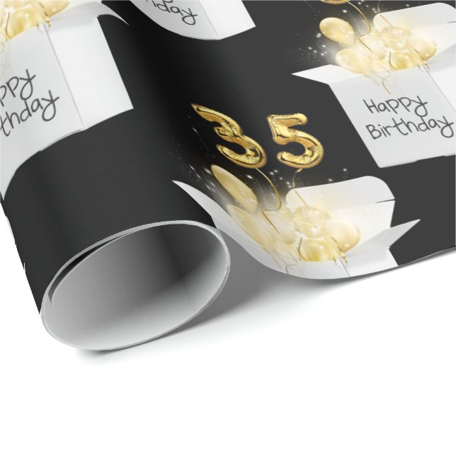 Gold 35th Birthday Balloons in White Box  Wrapping Paper (Roll Corner)