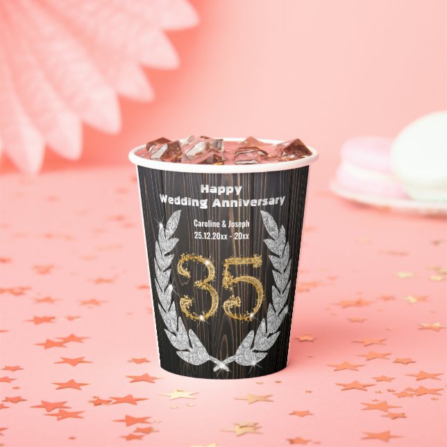 Gold 35th Wedding Anniversary, Diamond Laurel Pape Paper Cups (Insitu)