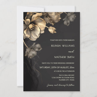 Gold 3 D Flowers Black Wedding Invitation