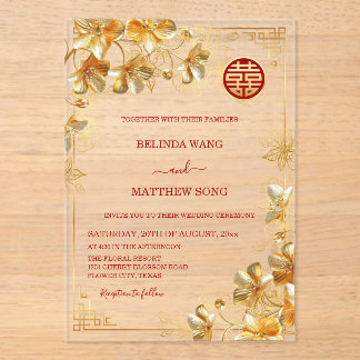 Gold 3 D Flowers Chinese Wedding Acrylic Invitations