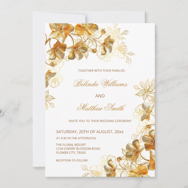 Gold 3 D Flowers White Invitation (Front)