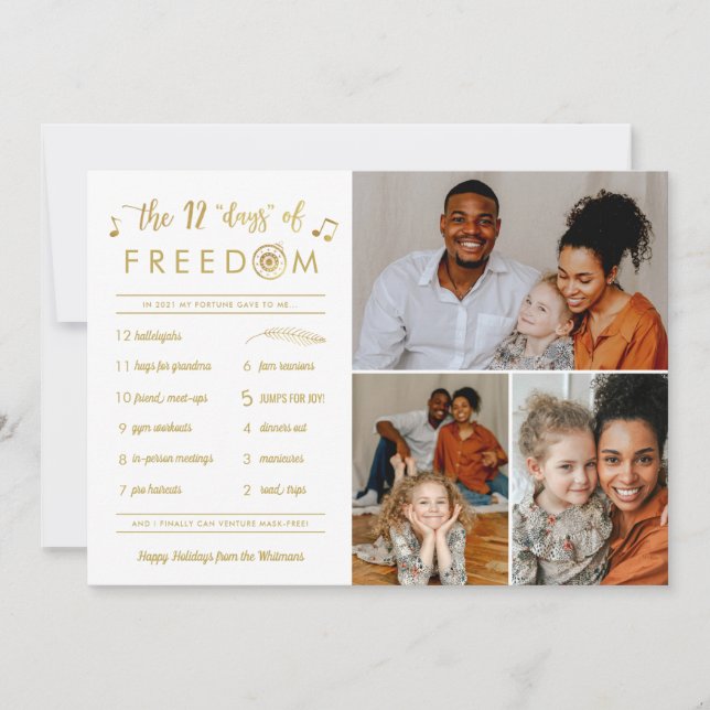 Gold 3 Photo Collage Funny Post Covid Christmas Holiday Card (Front)