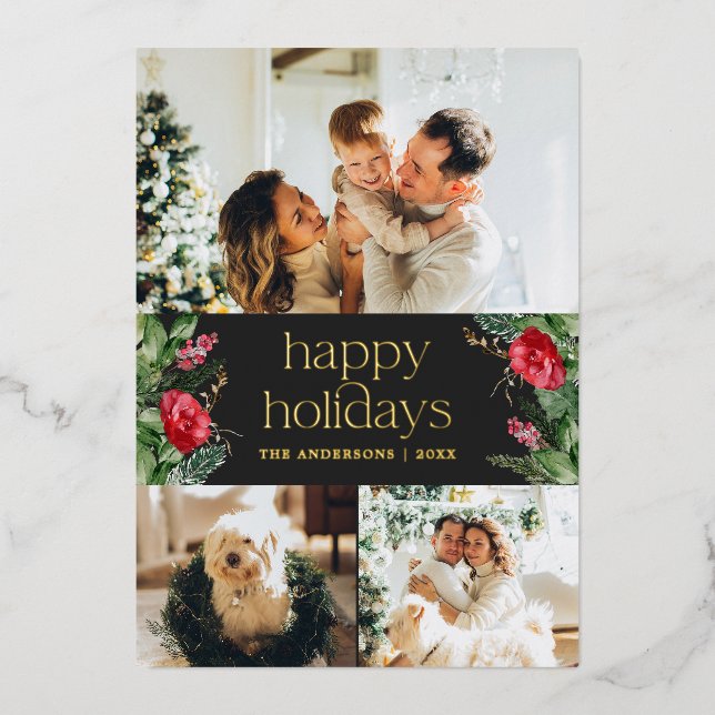 Gold 3 Photo Elegant Winter Greenery Grey Holiday  (Front)