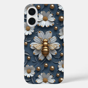 Gold 3D Bees Daisy Flowers Puffy Style Bumblebees iPhone 16 Case