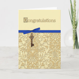 Gold 3D Damask with Key Charm and Bow Congrats Card