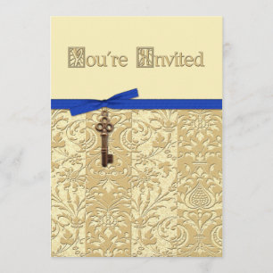 Gold 3D Damask with Key Charm and Bow Invite