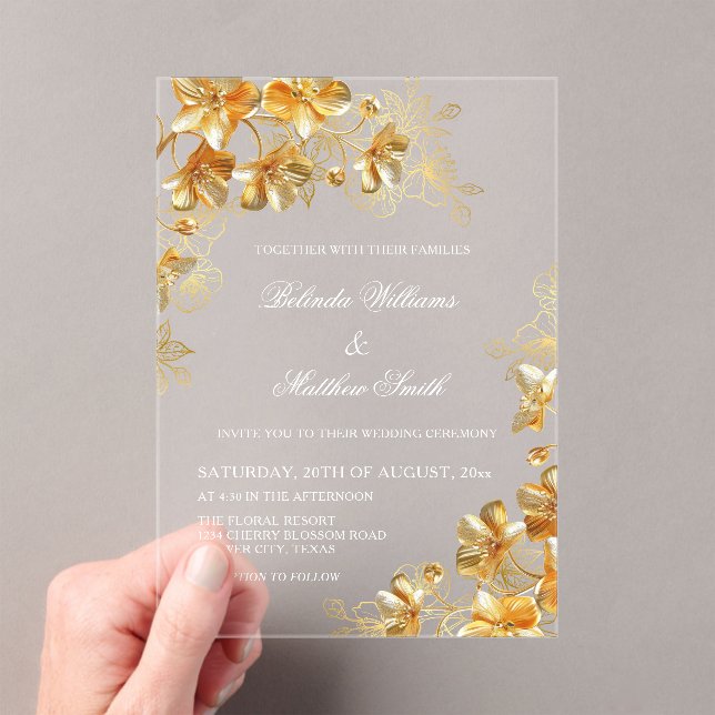 Gold 3D Flowers  Transparent Acrylic Invitations (Insitu (Handheld))
