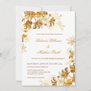 Gold 3D Flowers White Invitation