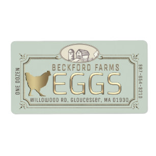 Gold 3D Framed Egg Carton Label with Farm and Hen 