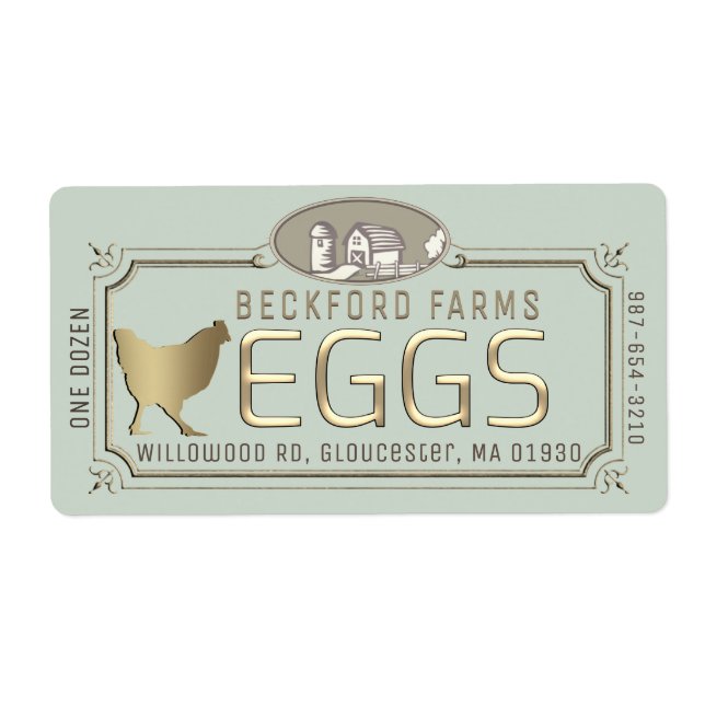 Gold 3D Framed Egg Carton Label with Farm and Hen  (Front)