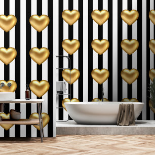 Gold 3d heart black white stripes wallpaper