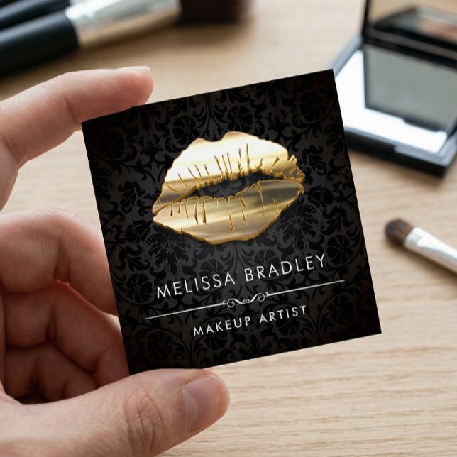Gold 3D Lips Damask Makeup Artist Beauty Salon Square Business Card (Creator Uploaded)