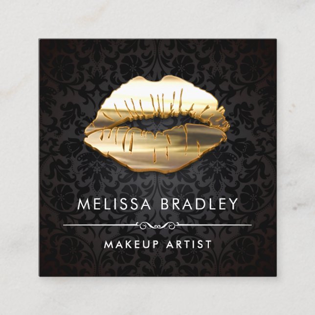 Gold 3D Lips Damask Makeup Artist Beauty Salon Square Business Card (Front)