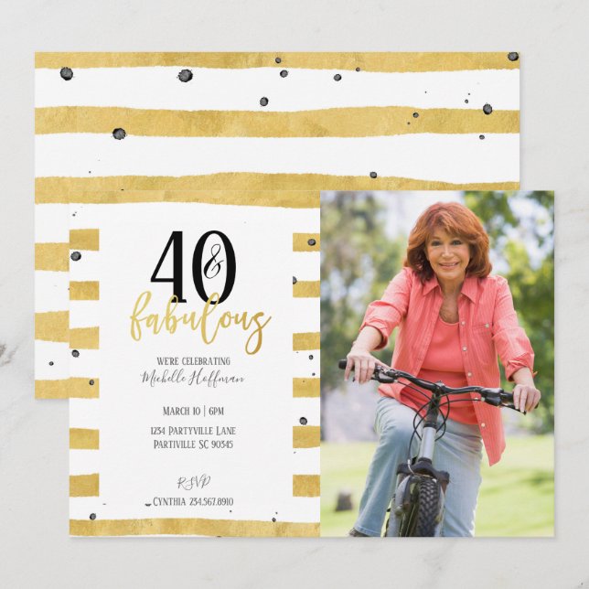 Gold 40 & Fabulous 40th Birthday Party Invitations (Front/Back)