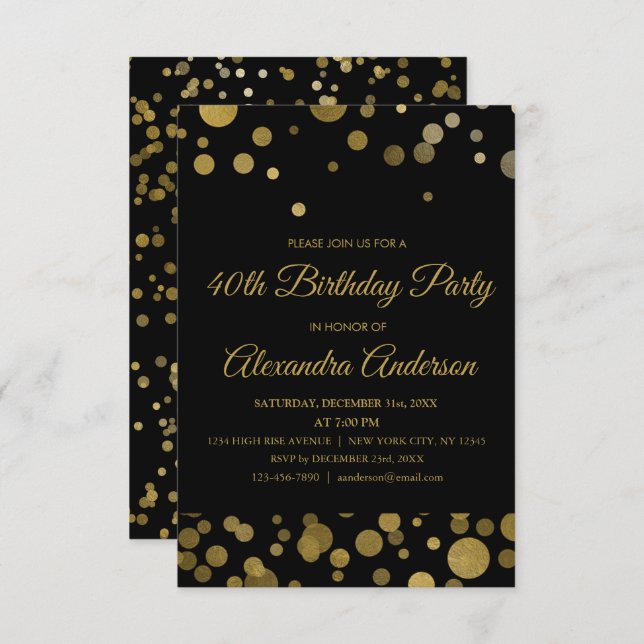 Gold 40th Birthday Party Gold Confetti Invitation (Front/Back)