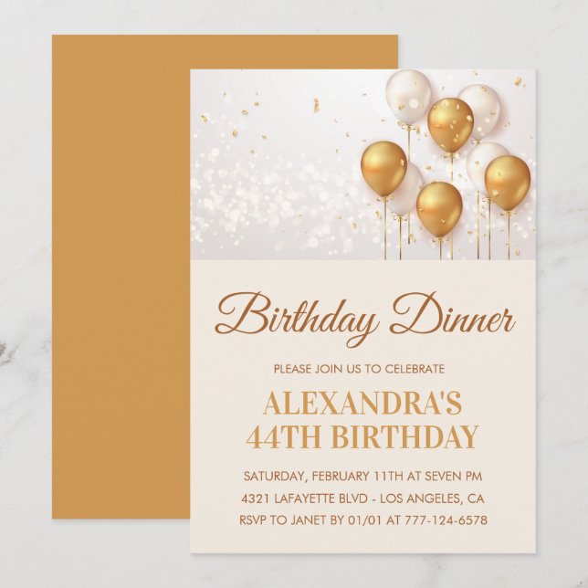 Gold 44th birthday invitation Birthday dinner  (Front/Back)