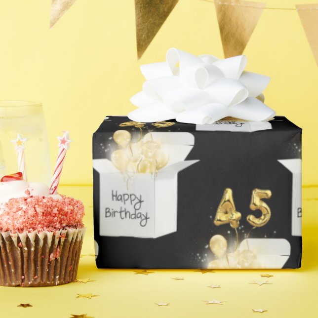 Gold 45th Birthday Balloons in White Box  Wrapping Paper (Birthday Party)