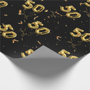 Gold 50 Mylar Balloons and Confetti Wrapping Paper