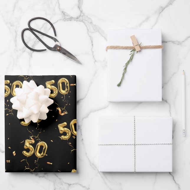 Gold 50 Mylar Balloons and Confetti Wrapping Paper Sheet (Front)