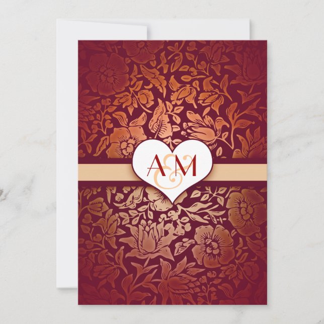 gold 50 wedding anniversary red damask invitations (Front)
