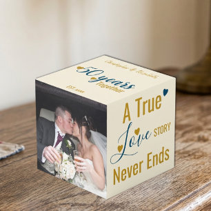 Gold 50 years anniversary blue photo cube