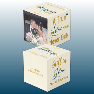 Gold 50 years anniversary blue photo cube