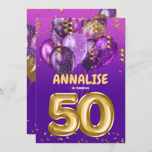 Gold 50 Years Old Confetti Purple 50th Birthday Invitation