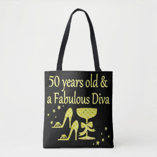 GOLD 50 YRS OLD AND A FABULOUS DIVA BIRTHDAY TOTE BAG