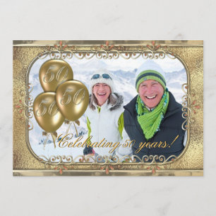 Gold 50th Anniversary Balloon Photo Invitation