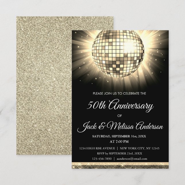 Gold 50th Anniversary Party Disco Ball Invitation (Front/Back)