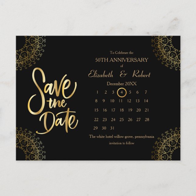 Gold 50th Anniversary Wedding The Date Calendar Announcement Postcard (Front)