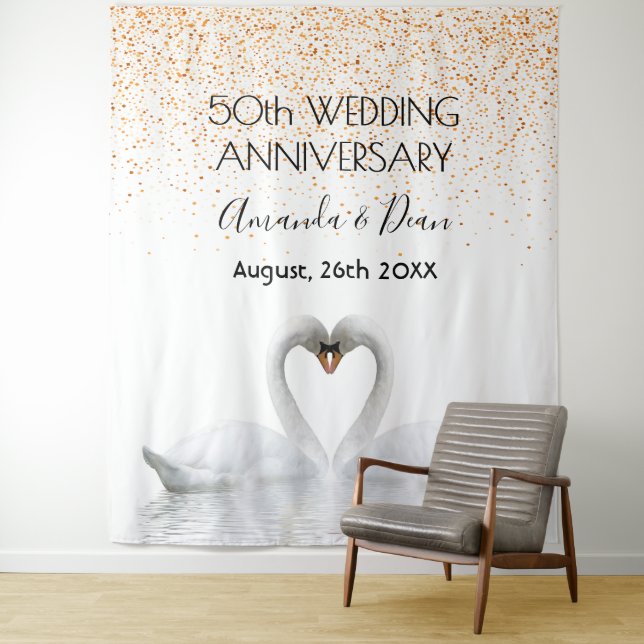 Gold 50th anniversary white swans in love tapestry (In Situ)