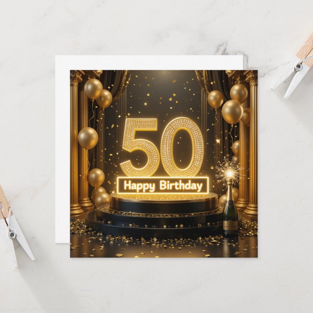 Gold 50th Birthday Card (Front/Back In Situ)