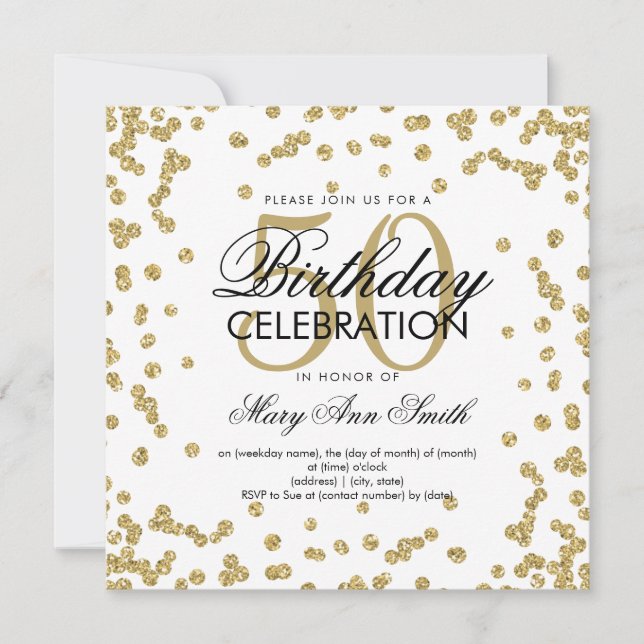Gold 50th Birthday Elegant Glitter Confetti Invitation (Front)