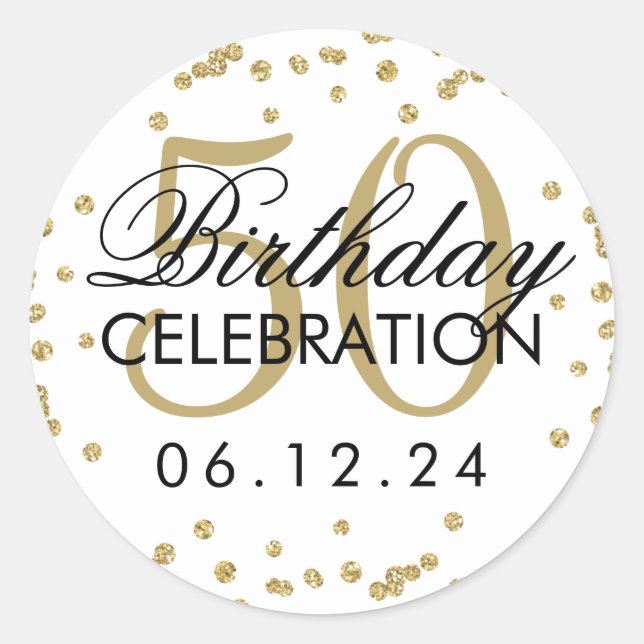 Gold 50th Birthday Faux Glitter Confetti Classic Round Sticker (Front)