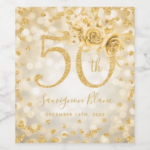 Gold 50th Birthday Floral Glam Lights  Wine Label