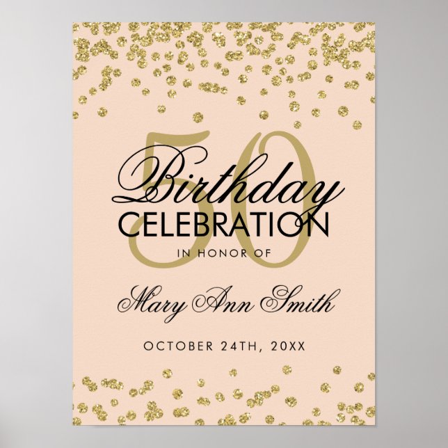 Gold 50th Birthday Glitter Confetti Blush Pink Poster (Front)