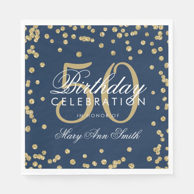 Gold 50th Birthday Glitter Confetti Navy Blue Napkin (Front)