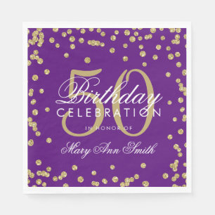 Gold 50th Birthday Glitter Confetti Purple Napkin