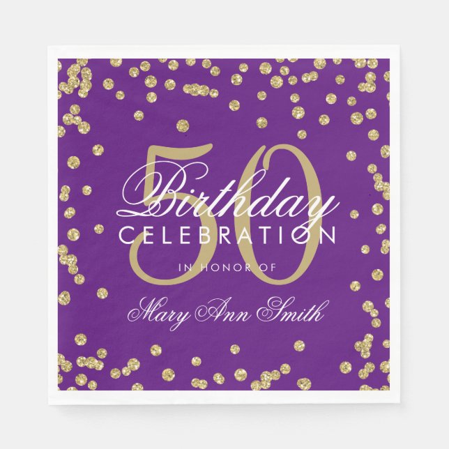 Gold 50th Birthday Glitter Confetti Purple Napkin (Front)