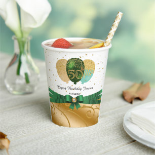 Gold 50th Birthday, Green Silk Ribbon, Balloons  Paper Cups