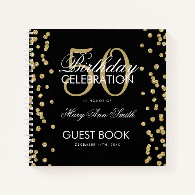 Gold 50th Birthday Guestbook Confetti Black Notebook (Front)
