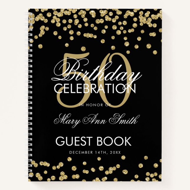 Gold 50th Birthday Guestbook Confetti Black Notebook (Front)
