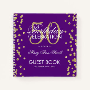 Gold 50th Birthday Guestbook Confetti Purple Notebook