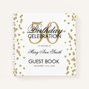 Gold 50th Birthday Guestbook Confetti White Notebook
