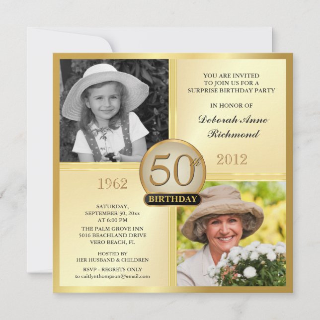 Gold 50th Birthday Invitations Then & Now 2 Photos (Front)