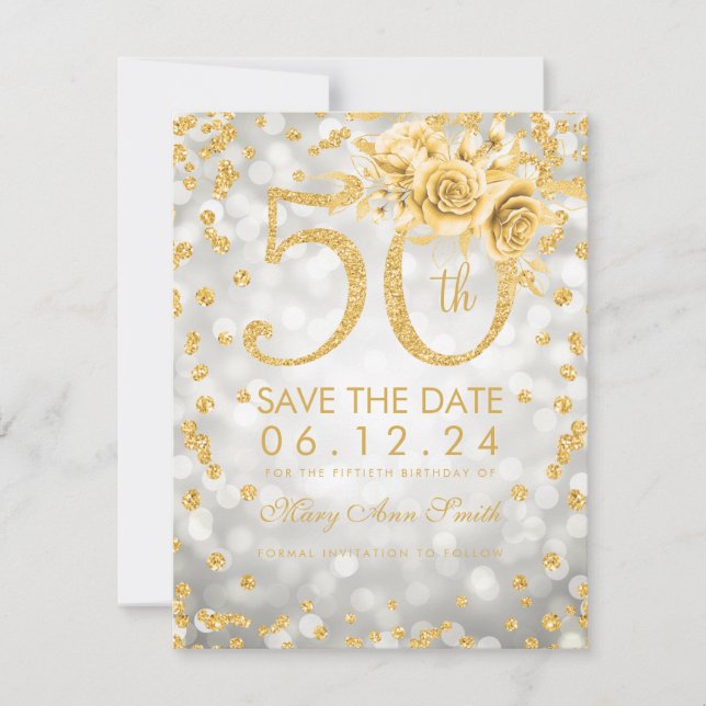 Gold 50th Birthday Lights Save The Date Silver (Front)